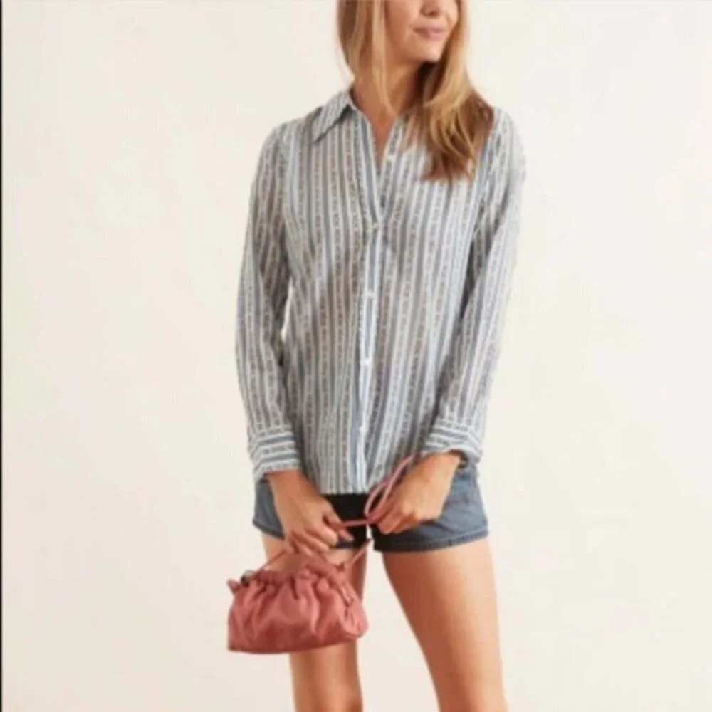 Nili Lotan Kate Shirt Button Down Women's XS White Blue Floral Stripe Cotton Top